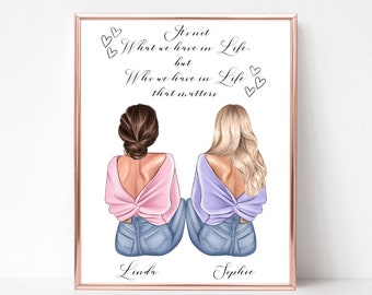Best Friend Print, Personalised Wall Art, Custom Sisters Prints, Friend Portrait Illustration, Custom Saying Gift, Personalized Gift for Her