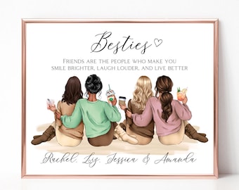 Group of 4 Best Friends Picture, Personalized Group Friendship Print, Christmas Gift for Besties, Custom Four Friends Drawing Art