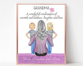 Personalized Grandma and Grandkids Picture, Custom Grandmother Portrait, Mothers Day Gift for Nana, Gift from Granddaughter, from Grandson