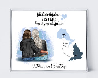 Die Liebe zwischen Schwestern kennt keine Entfernung, Weihnachtsgeschenk für Schwester, benutzerdefinierte Geschwister Druck, personalisierte Ferngeschenk von Zustand zu Zustand.