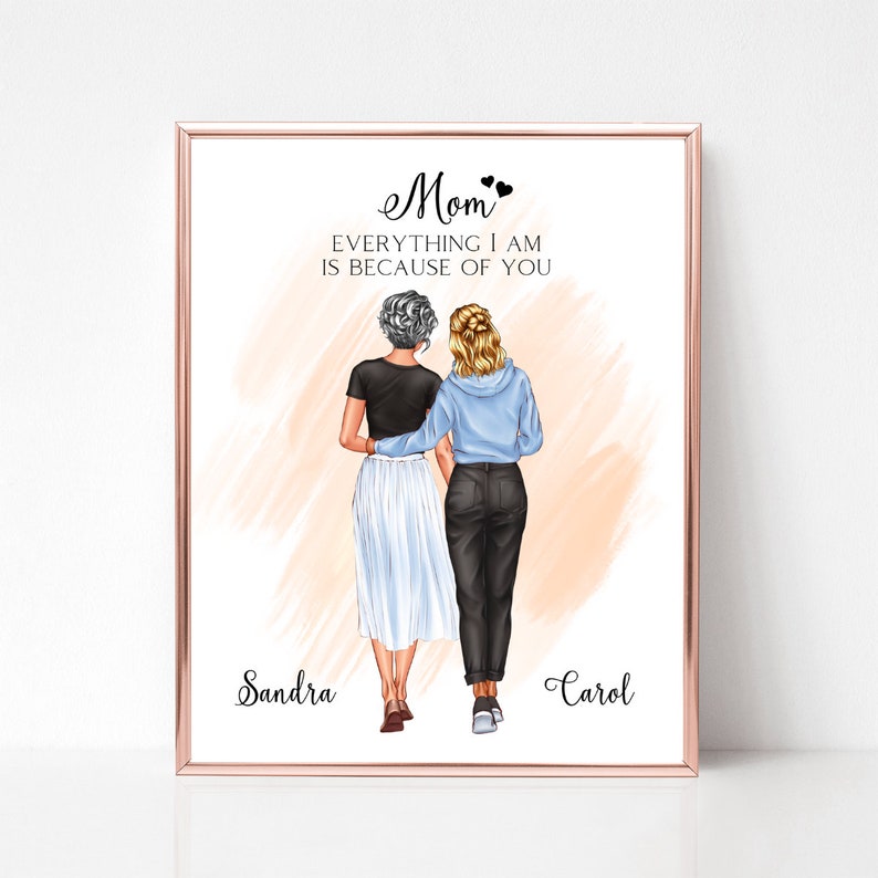 May include: A printable art print with a watercolor background featuring two women walking side-by-side. The text reads "Mom, Everything I am is because of you." The women's names are "Sandra" and "Carol".