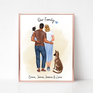 Family Portrait with Baby and Dog Personalized Print, Anniversary Gift for Husband, Valentine's Day Gift for Her, First Mother's Day Gift.