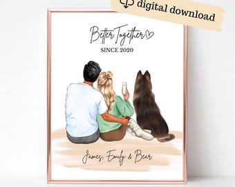 Personalized Couple Print with Pet, Gift for Her, Gift for Him, Boyfriend Girlfriend Portrait with Dog, Anniversary Gift, Valentine Day Gift