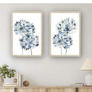 Allium Floral Prints, Watercolour Shades of blue  Alliums Set of 2, Shades of Blue,  Living Room Decor,   Wall Art, Home Decor