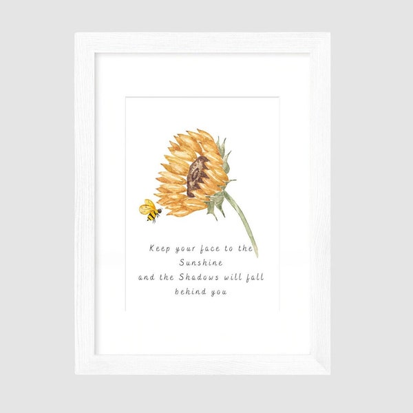 Watercolour Sunflower and Bee Print, Floral and Bumblebee Wall Art, Summer Nature Print, Save The Bees, Bee Decor, Inspirational Quote