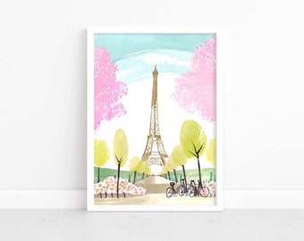 Paris Illustration, spring in Paris, Paris Eiffel Tower illustration in spring, Paris in Spring wall art, Watercolour design, Home Print