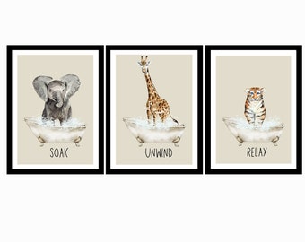 Bathroom Prints, Animals in Bathtubs,  Elephant, Giraffe, Tiger, Bathroom Wall Art, l Bathroom Decor, Soak , Unwind and Relax