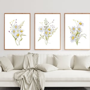 Daisy Flower Prints, Set of Two or Three, Flower Wall Art, Daisy Bouquet Wall Art, Home Gift, Floral Living Room/Bedroom Prints