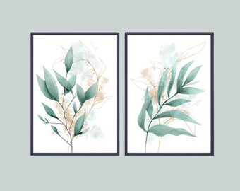 Green and gold Leaf Prints, Set of Two, Modern Leaf Wall Art, Modern Botanical Prints, Home Gift, Bedroom/Living Room Prints