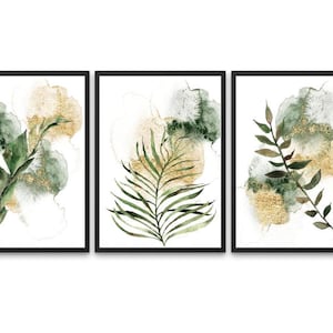 Green and Gold Abstract Leaf Prints,  Botanical leaf design, Set of Three, Modern Botanical Wall Art, Home Gift, Home Prints, Wall Art