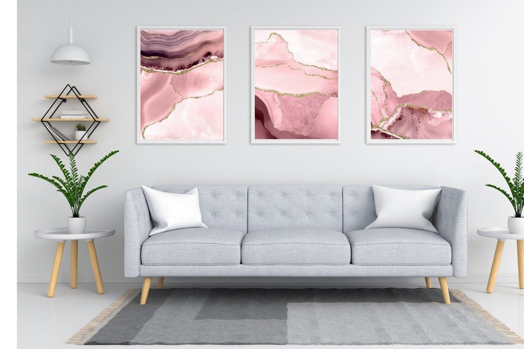 Blush Pink and Gold Glitter Marble Prints, Set of Three Agate Geode Art ...