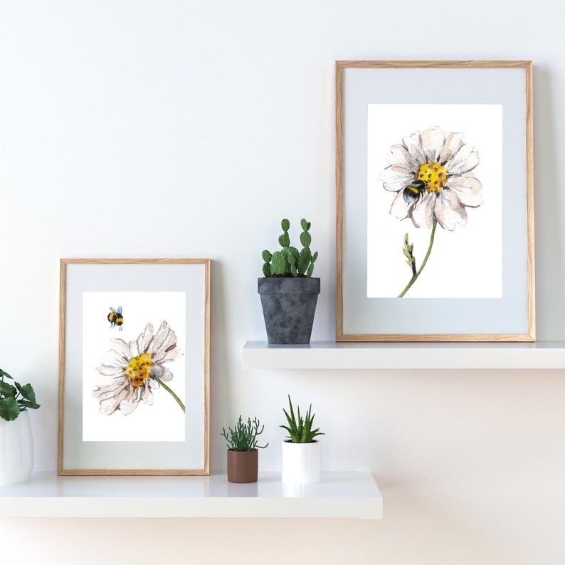 Daisy and Bee Prints, Set of Two, Daisy Floral Prints, Flower Wall Art, Daisy Flower Wall Art, Home Gift, Floral Living Room/Bedroom Prints image 2