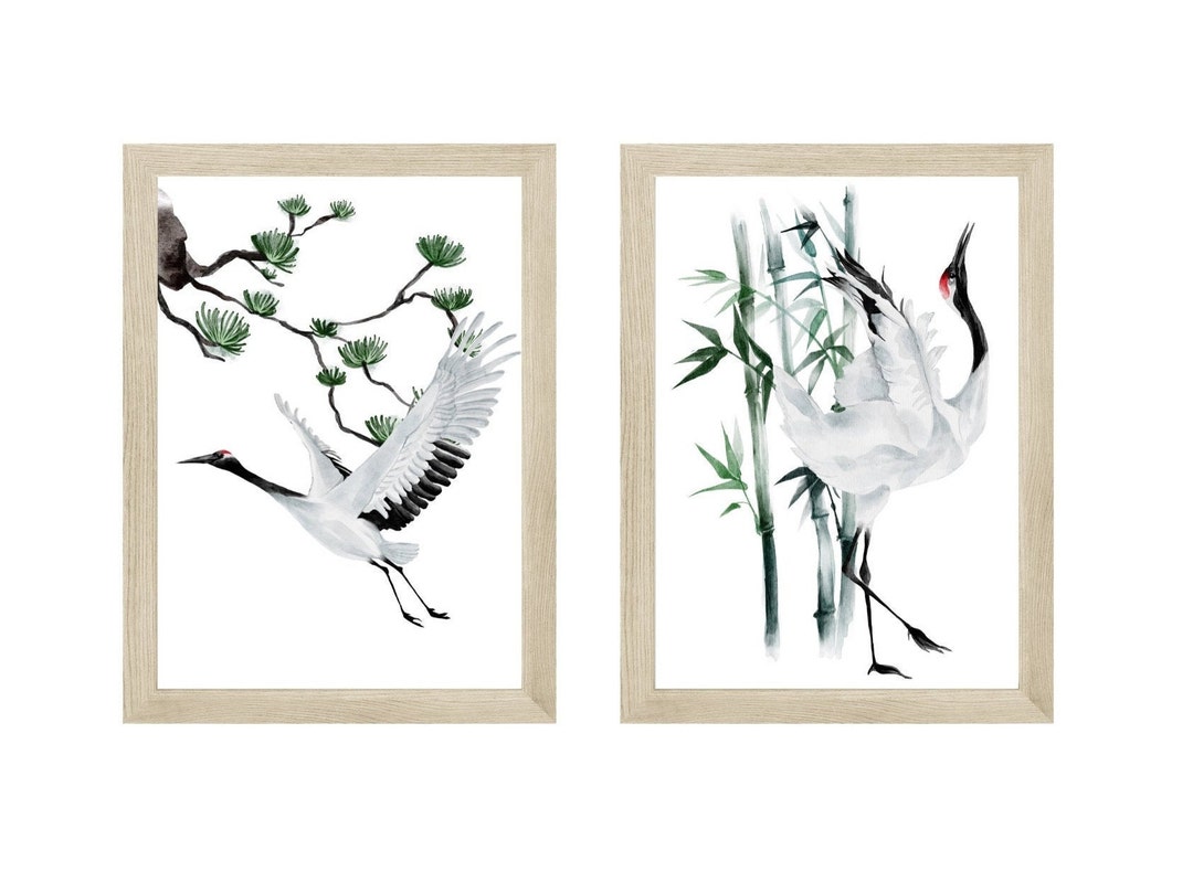 Japanese Crane Wall Prints, Bamboo Wall Art, Oriental Prints, Set of ...