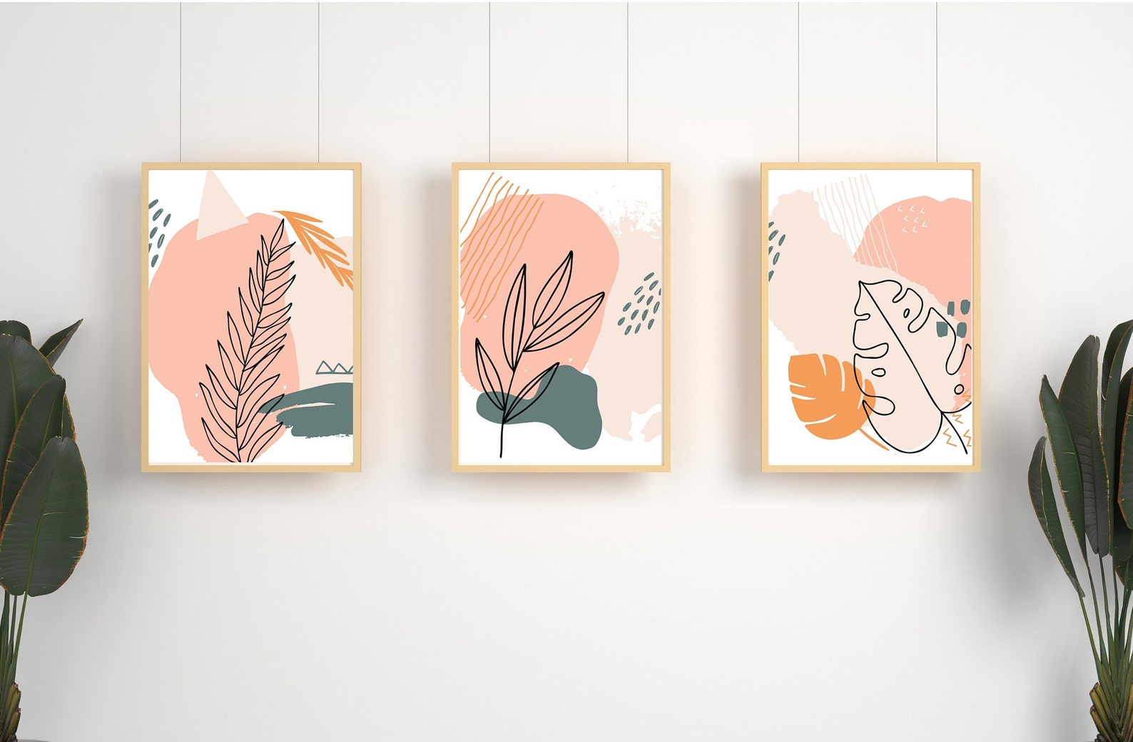 Peach and Green Abstract Prints Set of 3 Modern Art Floral Etsy