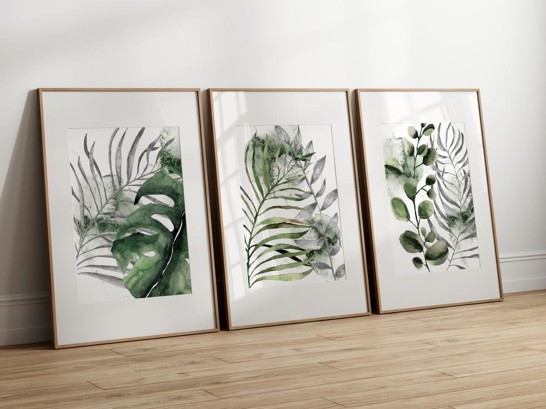 Green and Grey Abstract Leaf Prints, Modern Botanical Wall Art, Set of ...