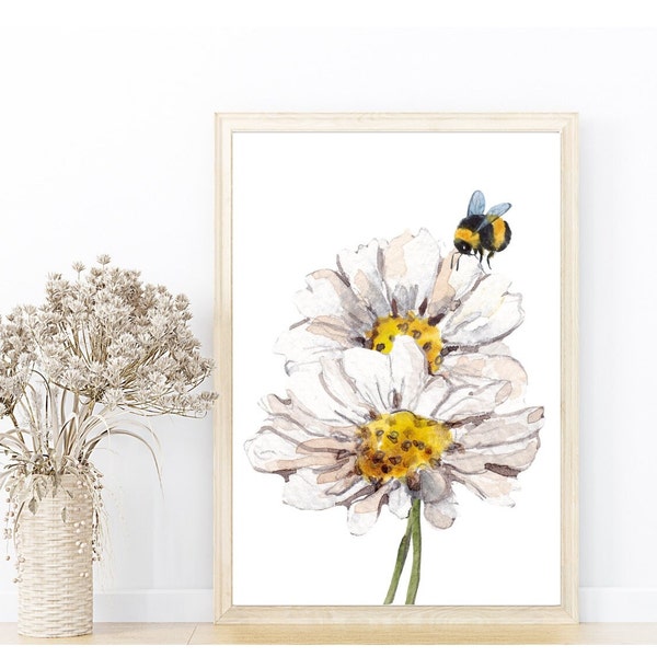 Daisy and Bee, Daisy flowers with a Bee, Home Print, Daises with Bee Wall Art, Daisy Flower Wall Art, Home Gift, Floral Living Room