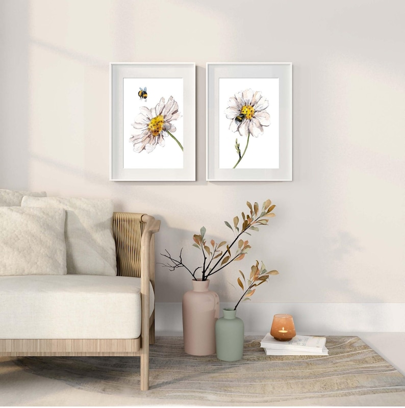 Daisy and Bee Prints, Set of Two, Daisy Floral Prints, Flower Wall Art, Daisy Flower Wall Art, Home Gift, Floral Living Room/Bedroom Prints image 3