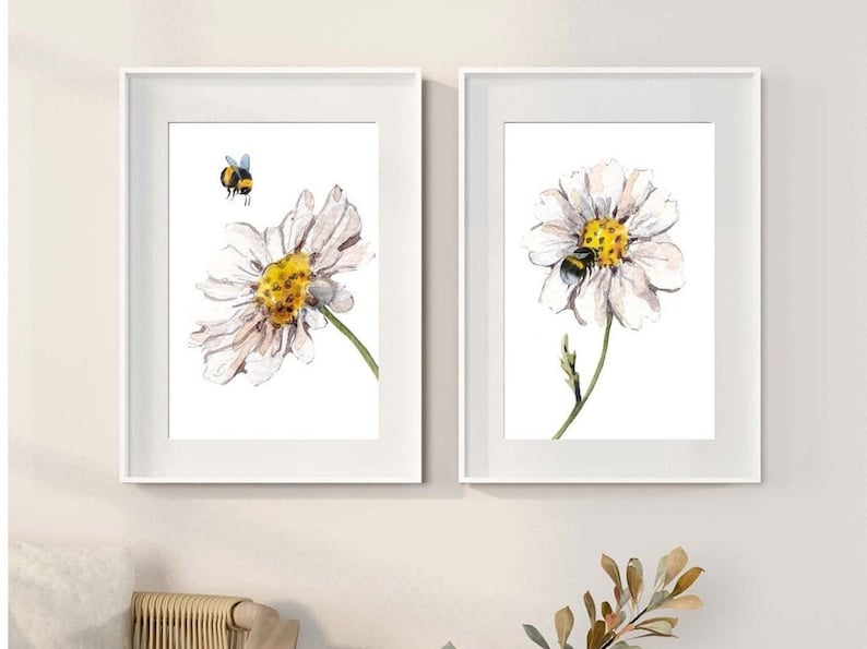 Daisy and Bee Prints, Set of Two, Daisy Floral Prints, Flower Wall Art, Daisy Flower Wall Art, Home Gift, Floral Living Room/Bedroom Prints image 1