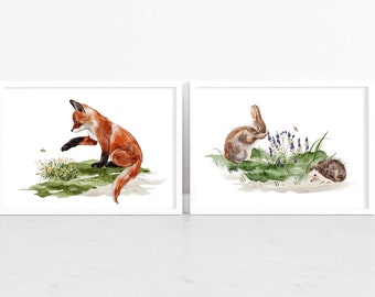 Fox and Hare Illustrations prints, Woodland animals prints, Hare and Fox prints, Wall art, Home prints