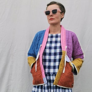 Size S - QUILTED JACKET - Boxy Quilted Patchwork Colour Block with Blue Gingham Lining - ready to ship