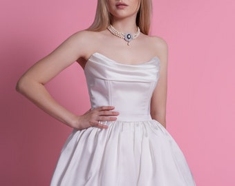 White Satin Corset Mini Dress: Puffy Balloon Skirt Evening Doll Dress