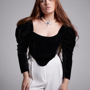 Black Velvet Corset Top: Gigot Sleeves, Victorian Bodice