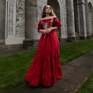 Set: Corset + Dress (regency dress cottagecore dress victorian red renaissance dress renaissance fair regency bodice floral corset top)