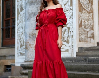 Maxi Dress with Puff Sleeves, Regency Chemise Inspired - regency dress cottagecore dress victorian dress red summer renaissance dress