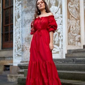 Maxi Dress with Puff Sleeves, Regency Chemise Inspired - regency dress cottagecore dress victorian dress red summer renaissance dress