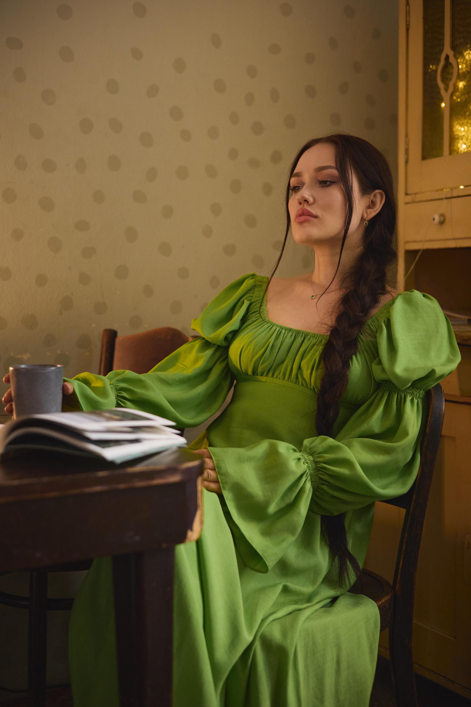 Green Milkmaid Dress with Gathered Bodice Detail, Puff Sleeve and Asymmetrical Skirt, Green Viscose - cottage core regency vintage Dress Green Milkmaid Dress with Gathered Bodice Detail, Puff Sleeve and Asymmetrical Skirt, Green Viscose - cottage core regency vintage Dress