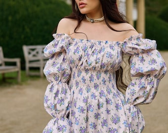 Floral Cottagecore Dress: Lace Sleeves, Victorian Princess Cotton Gown