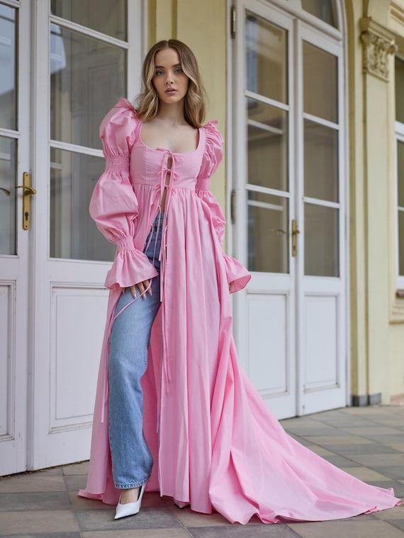 Pink Cotton Regency Dress - Handmade Tie-Front Gown with Train