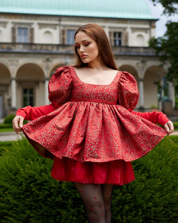The Megan Dress in Red With Long Puff Sleeves - Babydoll Mini Dress -  Lolita Dress - Floral Cocktail Dress - Barbie Princess Dress - Etsy