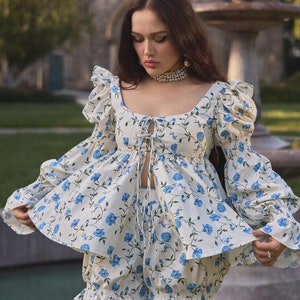 Bridgerton Blouse - Handmade Puff Sleeve Victorian Blouse - Vintage Renaissance Blouse - Floral Cotton Long Sleeve Ruffle Edwardian Blouse