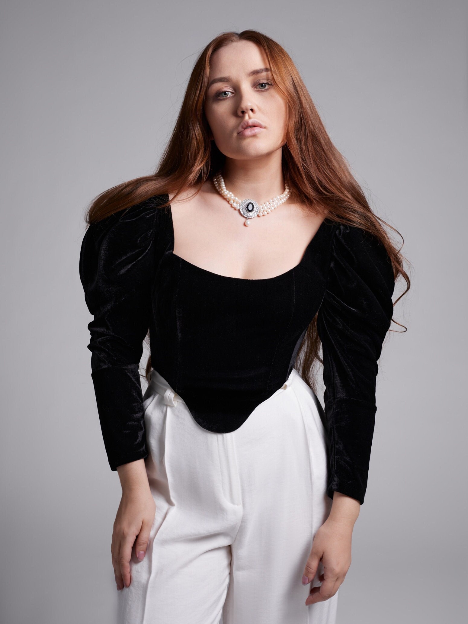 Black Velvet Corset Top: Gigot Sleeves, Victorian Bodice