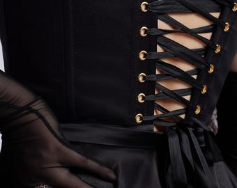 Corsetto vintage in raso nero fatto a mano, elegante corsetto