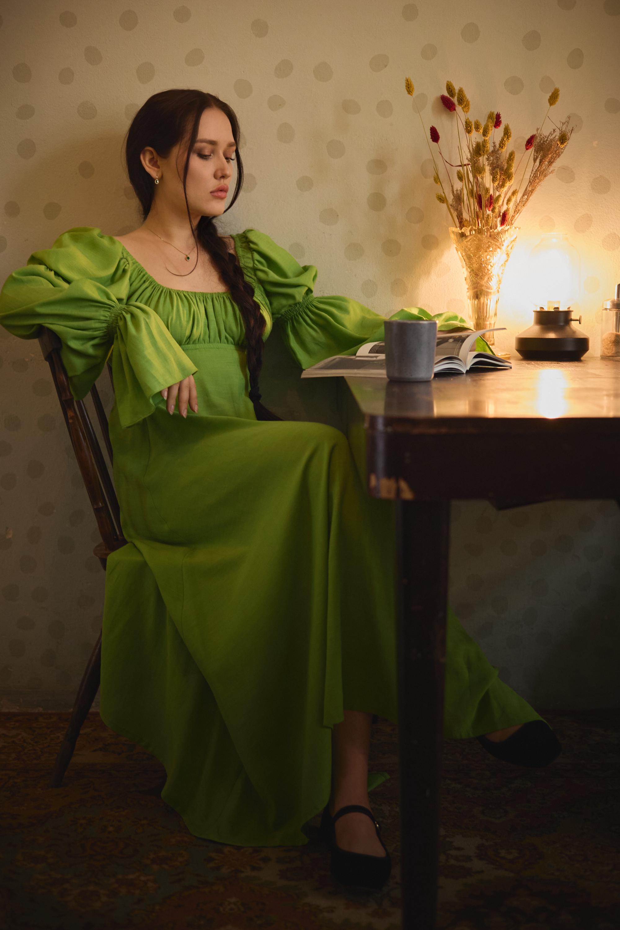 Green Milkmaid Dress with Gathered Bodice Detail, Puff Sleeve and Asymmetrical Skirt, Green Viscose - cottage core regency vintage Dress Green Milkmaid Dress with Gathered Bodice Detail, Puff Sleeve and Asymmetrical Skirt, Green Viscose - cottage core regency vintage Dress