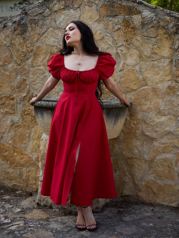 The Eva Corset Dress in Red Poplin - Milkmaid Dress - Cottagecore 