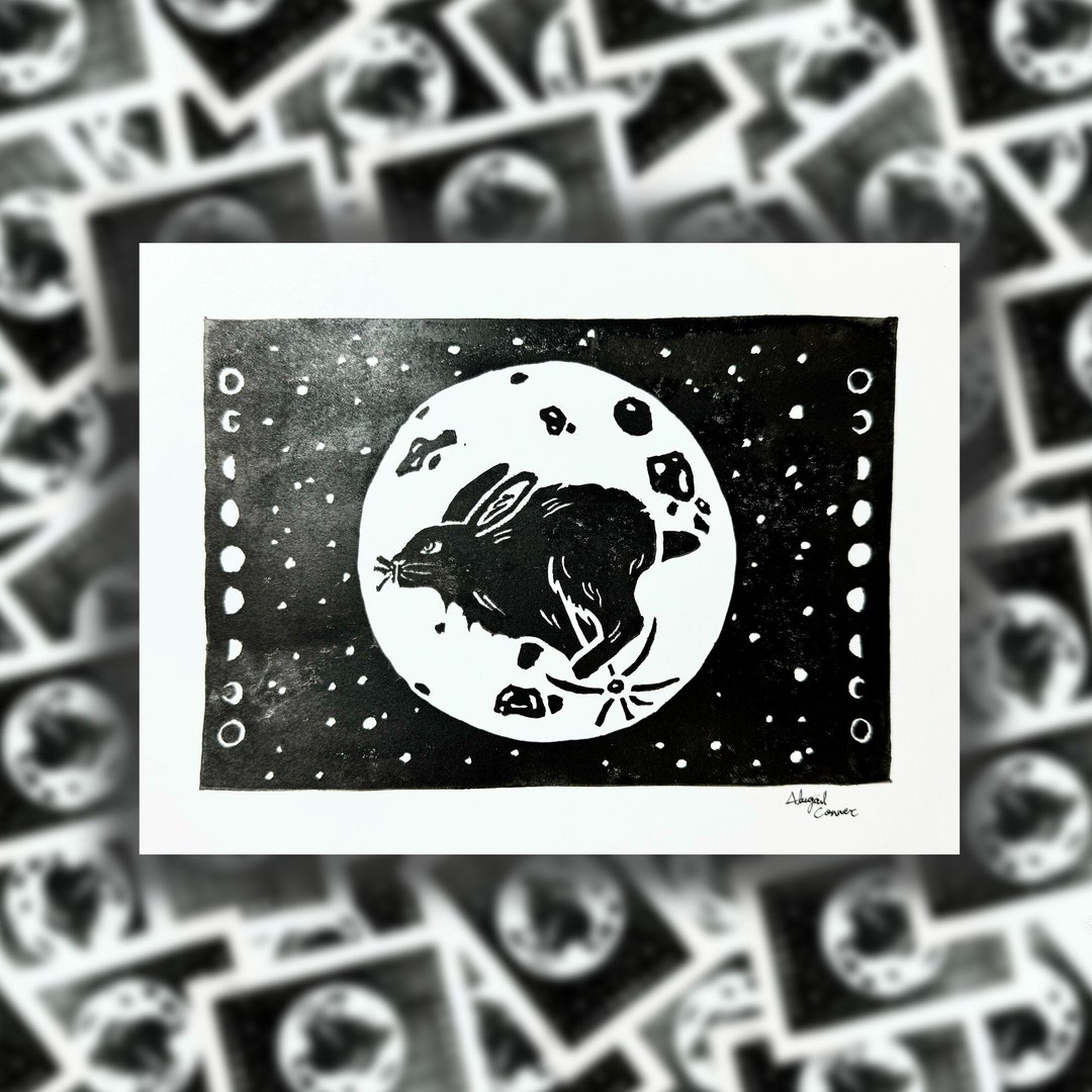 Rabbit Moon Ink Block Print - Etsy