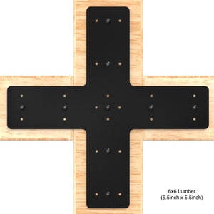 May include: Black metal corner brace with multiple screw holes, designed to join four pieces of 6x6 lumber. The brace is shown mounted on a piece of wood.