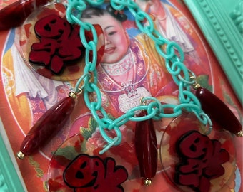 Collana portafortuna asiatica, collana di perline in stile vintage a tema asiatico, accessorio fatto a mano in stile vintage cinese, orientale, giapponese "BAMBOLA ASIATICA"