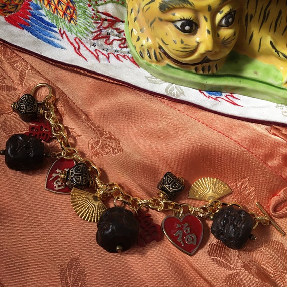 Bracelet Porte-bonheur Chinois Ancien En Bronze Argenté - Bijou Ethnique Vintage, Occasion