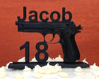 Personalized Realistic Gun Cake Topper and Stand with Name and Age