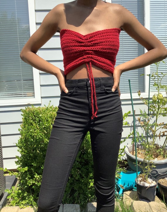 Handmade Crochet Ruched Crop Top Red Wine With - Etsy Zealand