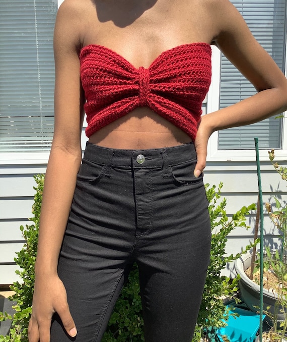 Handmade Crochet Ruched Crop Top Red Wine Strapless With Laced Back With  Bowed Design 