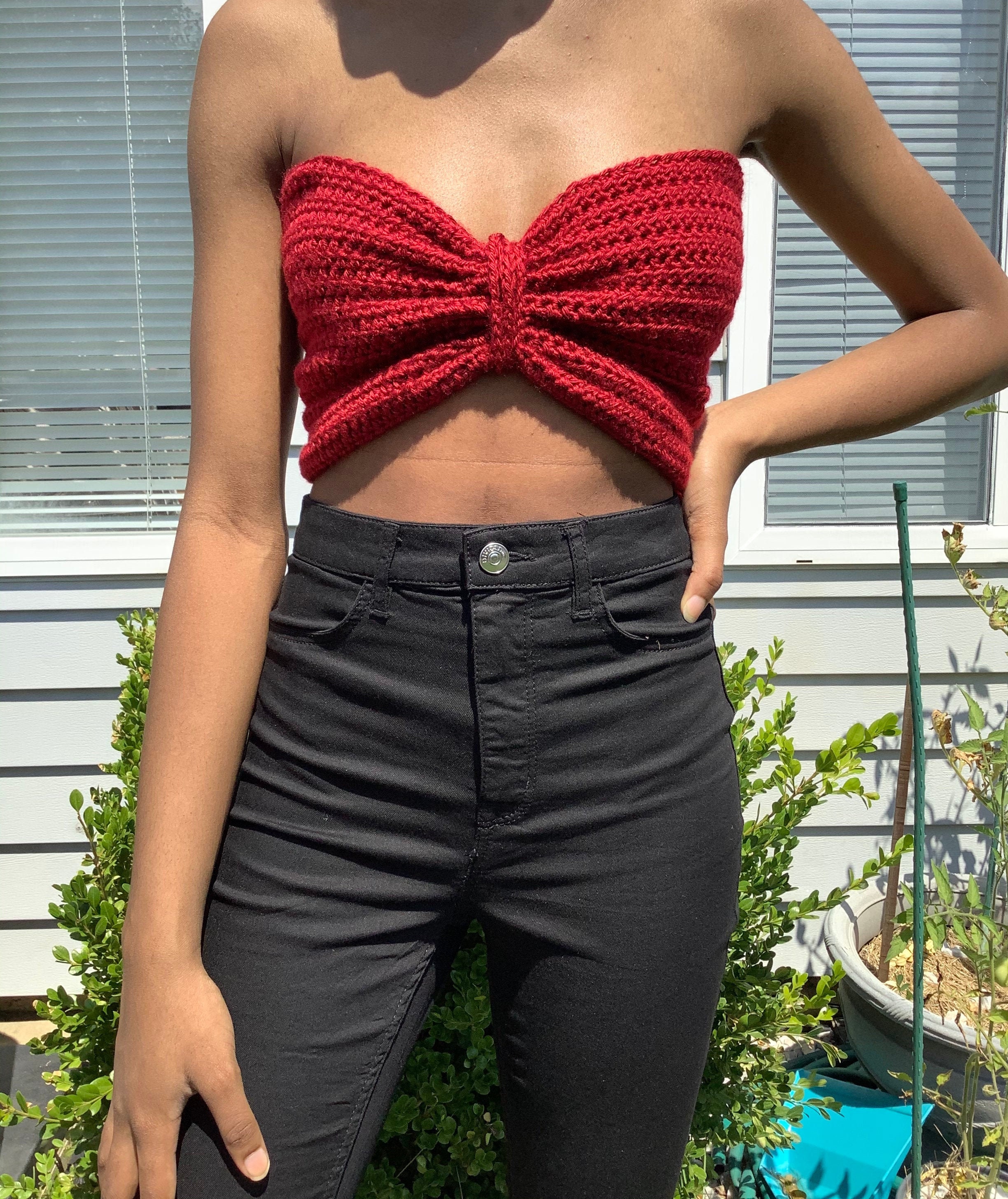 Handmade Crochet Ruched Crop Top Red Wine Strapless With Laced Back With  Bowed Design 