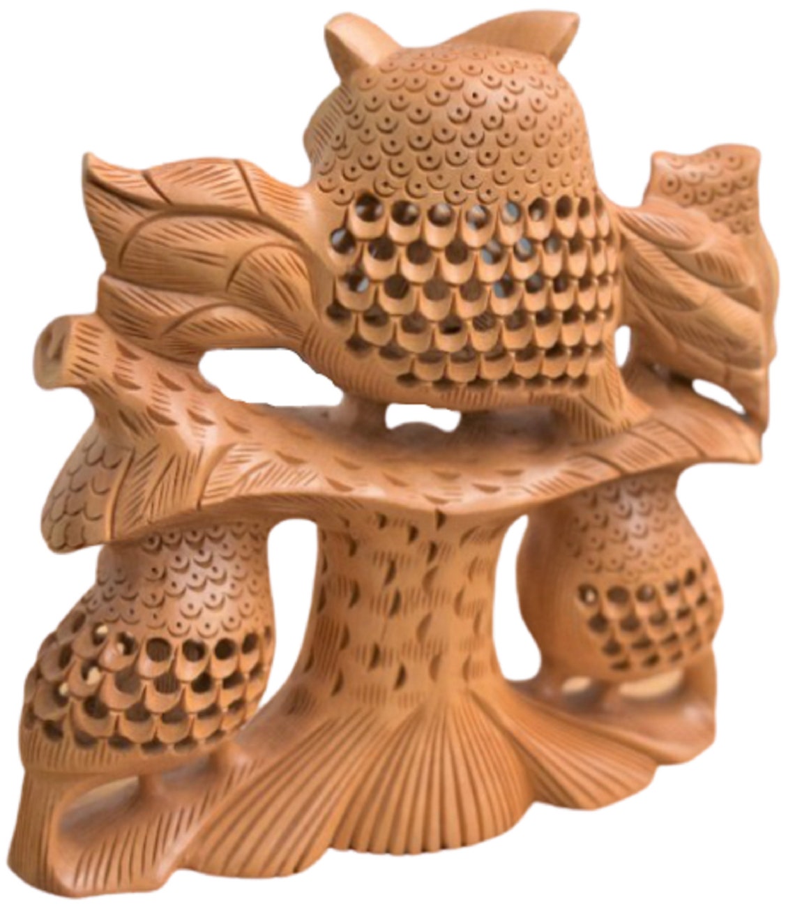 Wooden Hand Carved Good Luck Symbol Owl With Family Indian Etsy