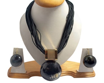 Whimsical Mystique by Pure Hands: Handmade Bold statement convex design Natural Buffalo Horn Necklace with Waxed cotton chords & Earrings