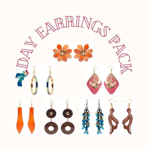 May include: A selection of earrings in diverse designs and hues. Features orange flower studs, gold hoop earrings with colourful details, pink and gold diamond-shaped earrings, orange teardrop earrings, dark wood circle earrings, blue beaded earrings, and brown wooden earrings. Text reads "DAY EARRINGS PACK".