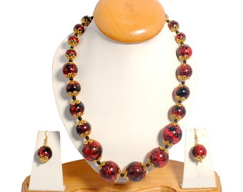Handmade Wooden Bead Necklace Earrings Set, Foil Accent Jewelry
